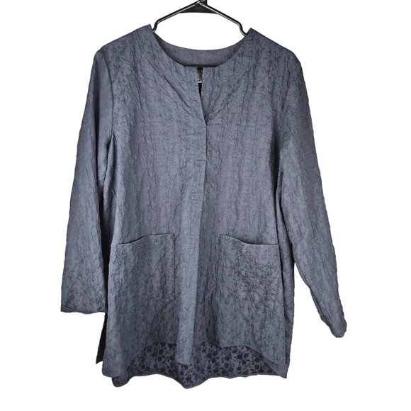 Niche Nigun Derman Textured Tunic Top M Blue Long Sleeve Lagenlook Art Pockets - Picture 1 of 5